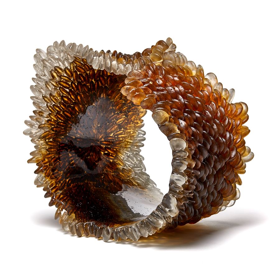 amber and brown contemporary textured organic art-glass sculpture made from cast and sculpted glass