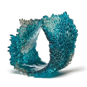 teal blue contemporary textured organic art-glass sculpture made from cast and sculpted glass