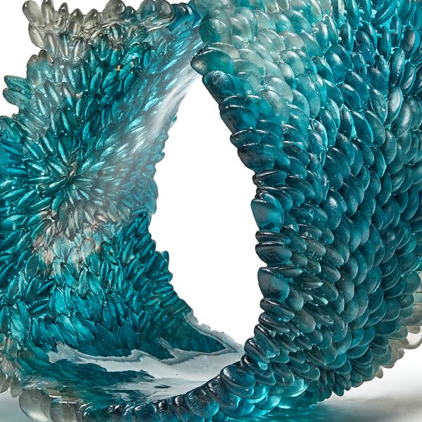 teal blue contemporary textured organic art-glass sculpture made from cast and sculpted glass