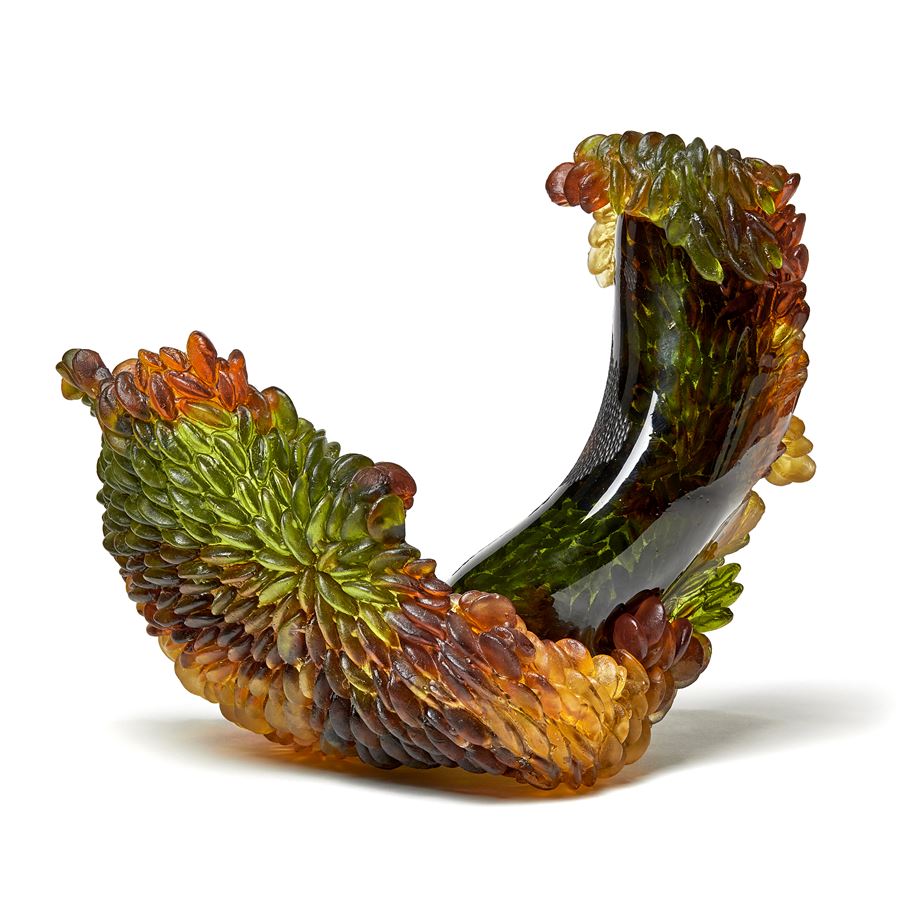 red, green and amber contemporary textured organic art-glass sculpture made from cast and sculpted glass