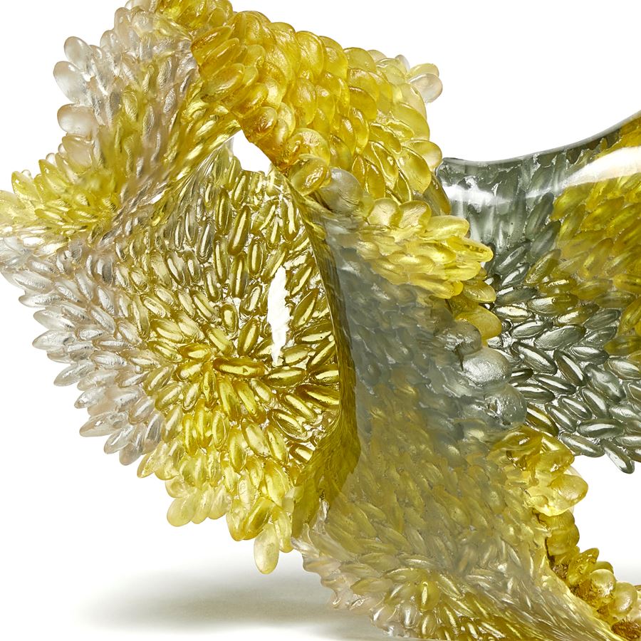 green and amber contemporary textured organic art-glass sculpture made from cast and sculpted glass