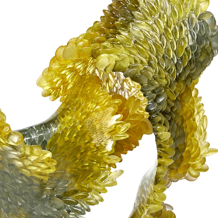 green and amber contemporary textured organic art-glass sculpture made from cast and sculpted glass
