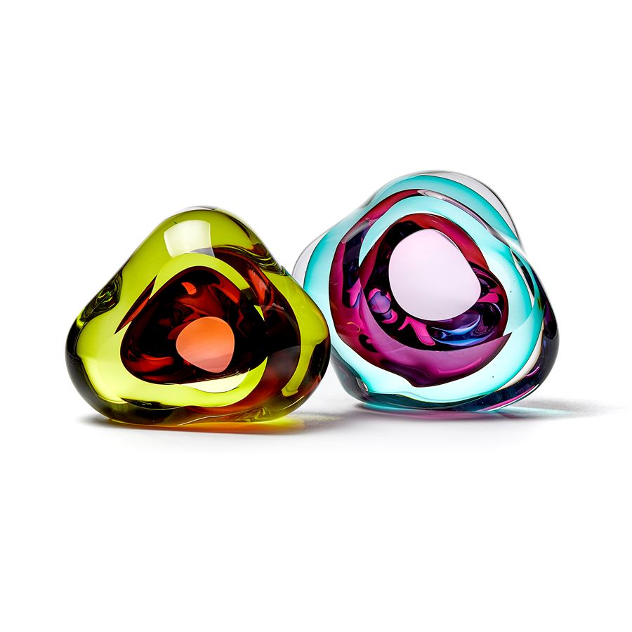 green and pink contemporary glossy amorphic art-glass sculpture made from blown and sculpted glass