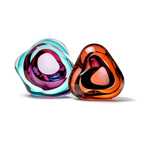 orange and purple contemporary glossy amorphic art-glass sculpture made from blown and sculpted glass