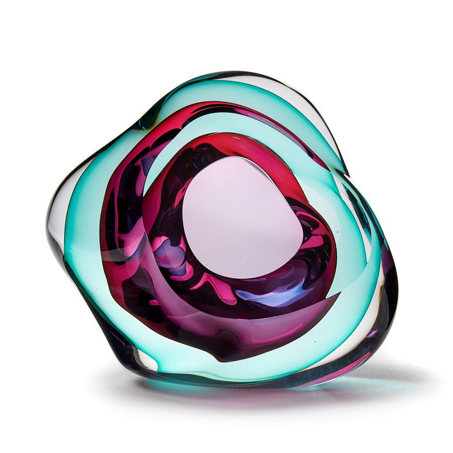 turquoise and pink contemporary glossy amorphic art-glass sculpture made from blown and sculpted glass
