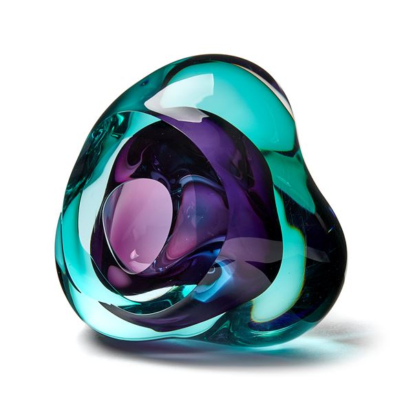 green and purple contemporary glossy amorphic art-glass sculpture made from blown and sculpted glass