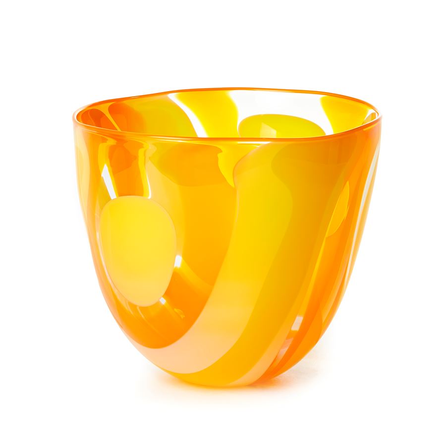 Yellow and orange handblown abstract patterned art-glass bowl