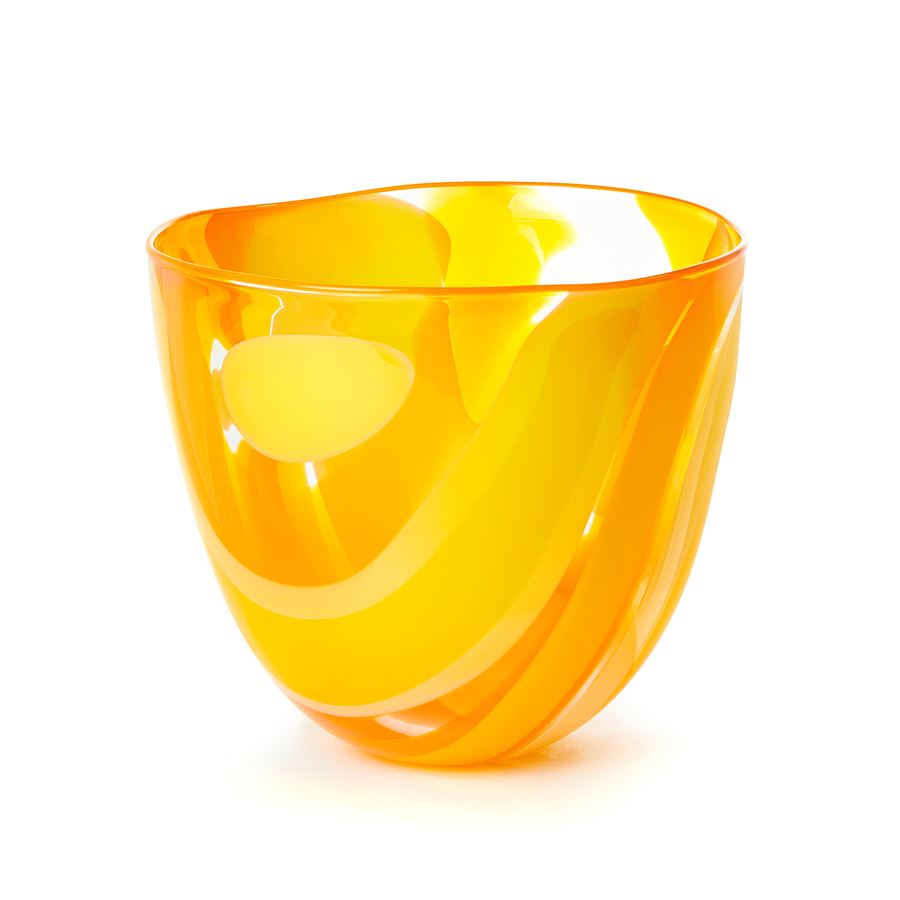 Yellow and orange handblown abstract patterned art-glass bowl