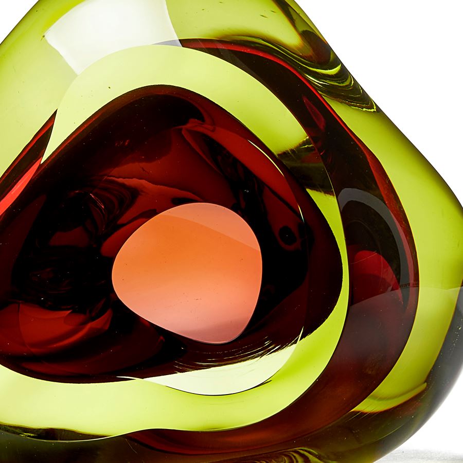 green and pink contemporary glossy amorphic art-glass sculpture made from blown and sculpted glass