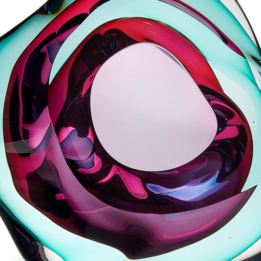 turquoise and pink contemporary glossy amorphic art-glass sculpture made from blown and sculpted glass