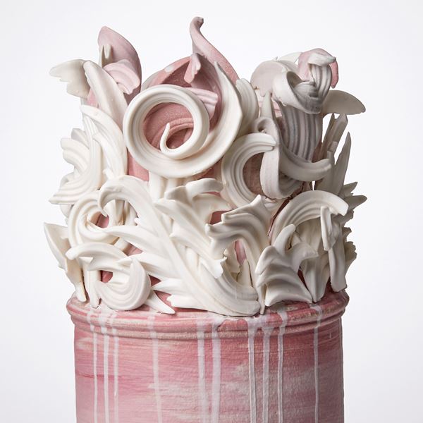 white and pink contemporary architectural weathered ceramic sculpture made from hand sculpted clay