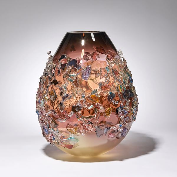 aubergine cream and multicoloured contemporary shard covered art-glass sculptural vessel made from handblown glass