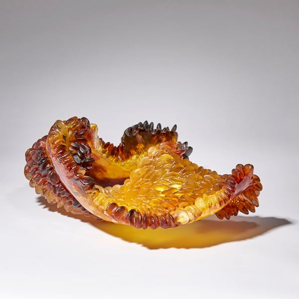 amber red and brown contemporary textured art-glass sculpture made from cast glass