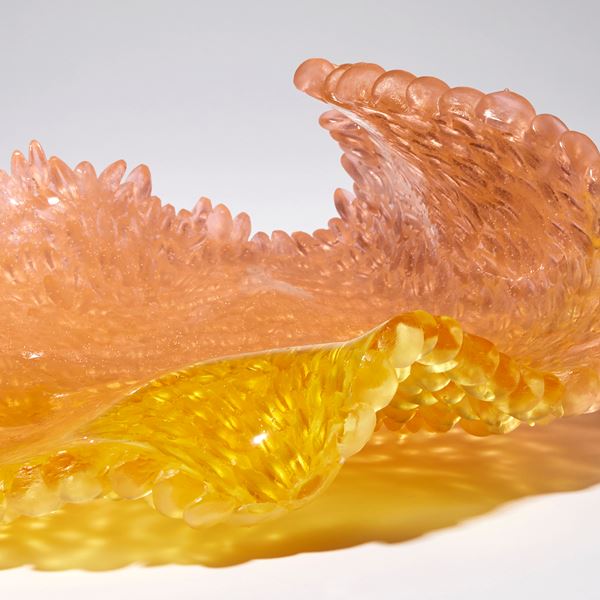 pink yellow and amber contemporary textured art-glass sculpture made from cast glass