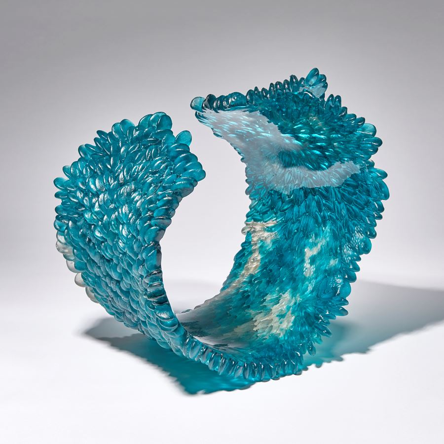 blue grey and teal contemporary textured art-glass sculpture made from cast glass