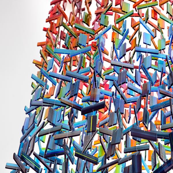 multicoloured contemporary abstract hanging sculpture made from many handmade glass elements