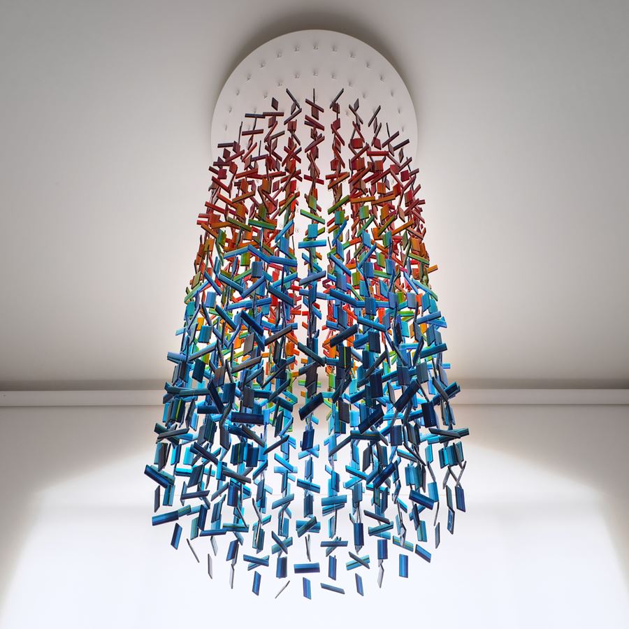 multicoloured contemporary abstract hanging sculpture made from many handmade glass elements
