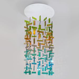 Aqua amber and green contemporary abstract hanging sculpture made from many handmade glass elements