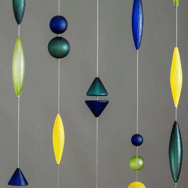 yellow blue and green geometric abacus style hanging sculpture made from handblown and cut glass with steel frame