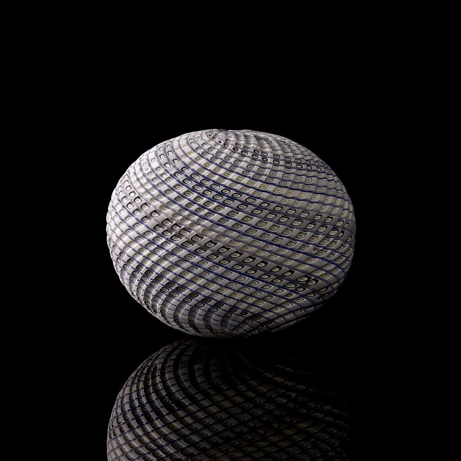  blue grey and white contemporary sculpture with swirling pattern made from handblown and cut glass