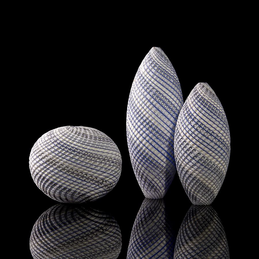  blue grey and white contemporary sculpture with swirling pattern made from handblown and cut glass