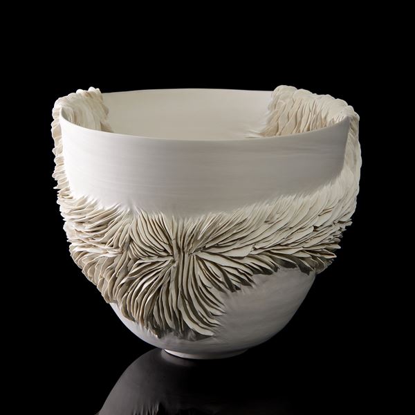 sculptural ceramic decorative bowl with ribbed textured detail handmade from porcelain