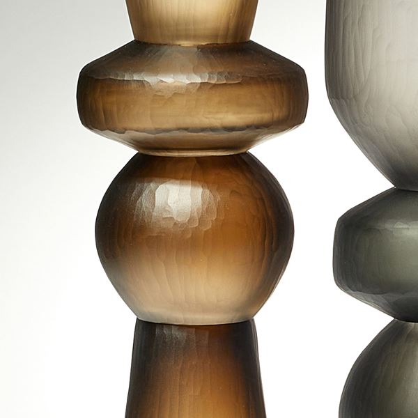 amber grey and brown balustrade shaped tall handblown and cut large sculptural vases