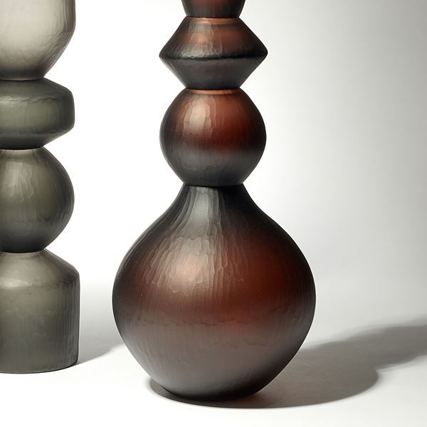 amber grey and brown balustrade shaped tall handblown and cut large sculptural vases