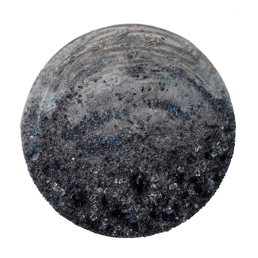 grey and blue crystal adorned wall mounted organically textured artwork on a lacquered backboard
