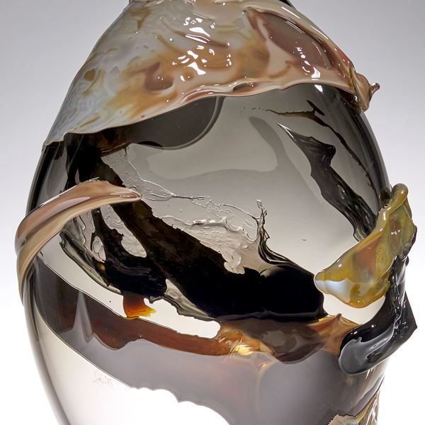 gold bronze and black pointed oval handmade glass vase with organic painted looking decoration  