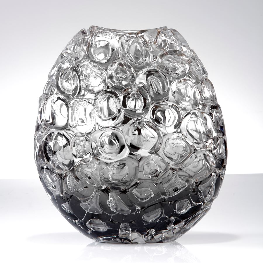 clear silver and grey oval sculptural glass vase covered in large clear bubbles made from handblown glass 