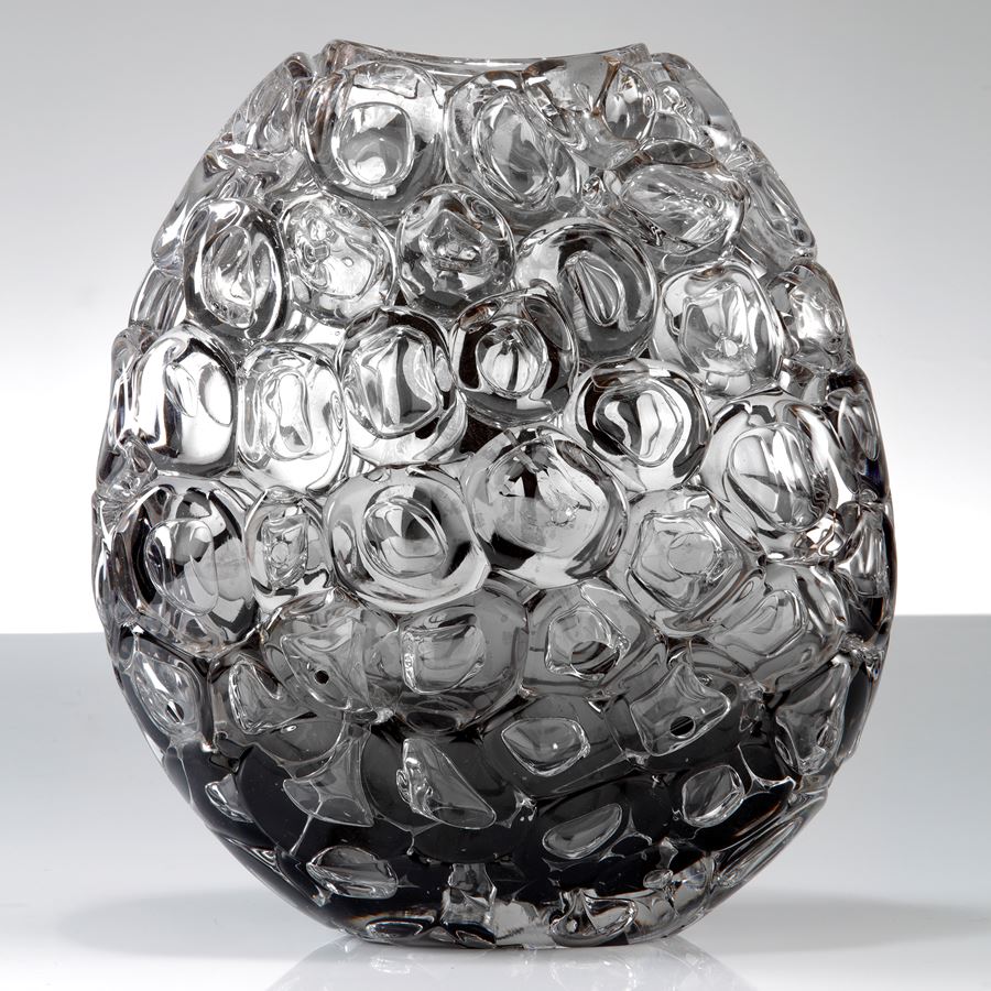 clear silver and grey oval sculptural glass vase covered in large clear bubbles made from handblown glass 
