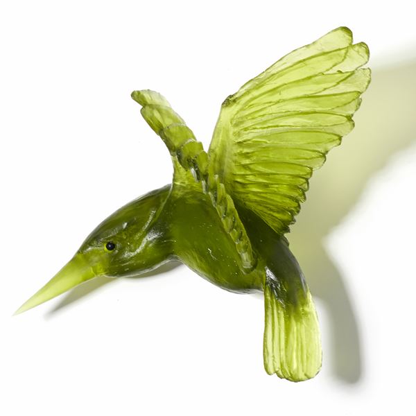 art glass sculpture of kingfisher bird in olive green