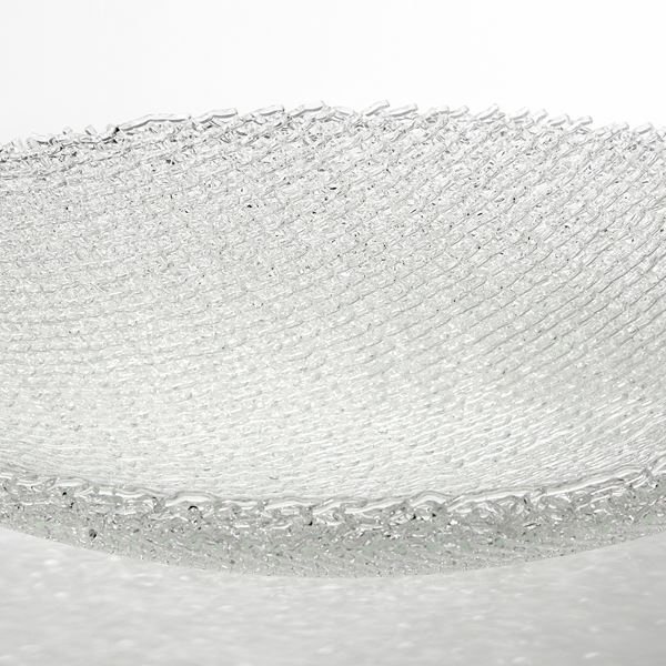 Sculptural low wide latticed bowl handmade from layers of thin glass canes