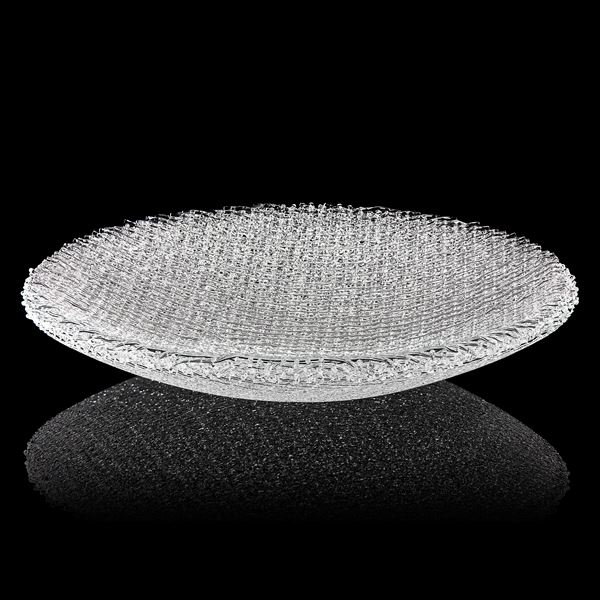 Sculptural low wide latticed bowl handmade from layers of thin glass canes