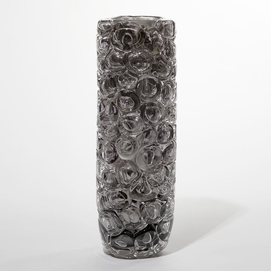 grey and clear cylindrical sculptural glass vase covered in large clear bubbles made from handblown glass with mirrored interior