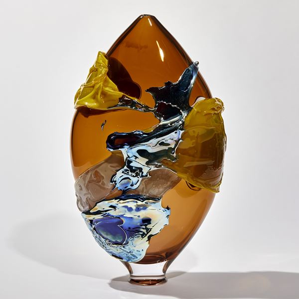 tobacco yellow and blue shiny abstract pointed oval shaped sculptural vessel handmade from glass