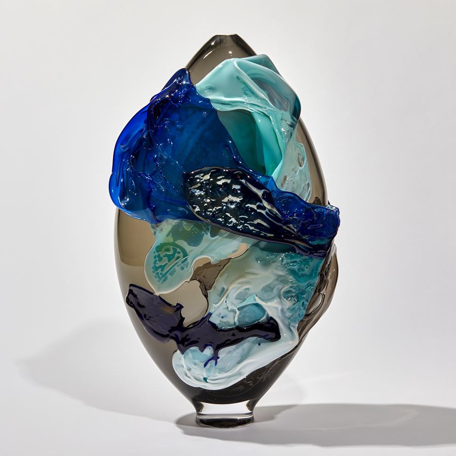 Blue turquoise black and smoke handmade sculptural glass vessel with abstract painterly finish