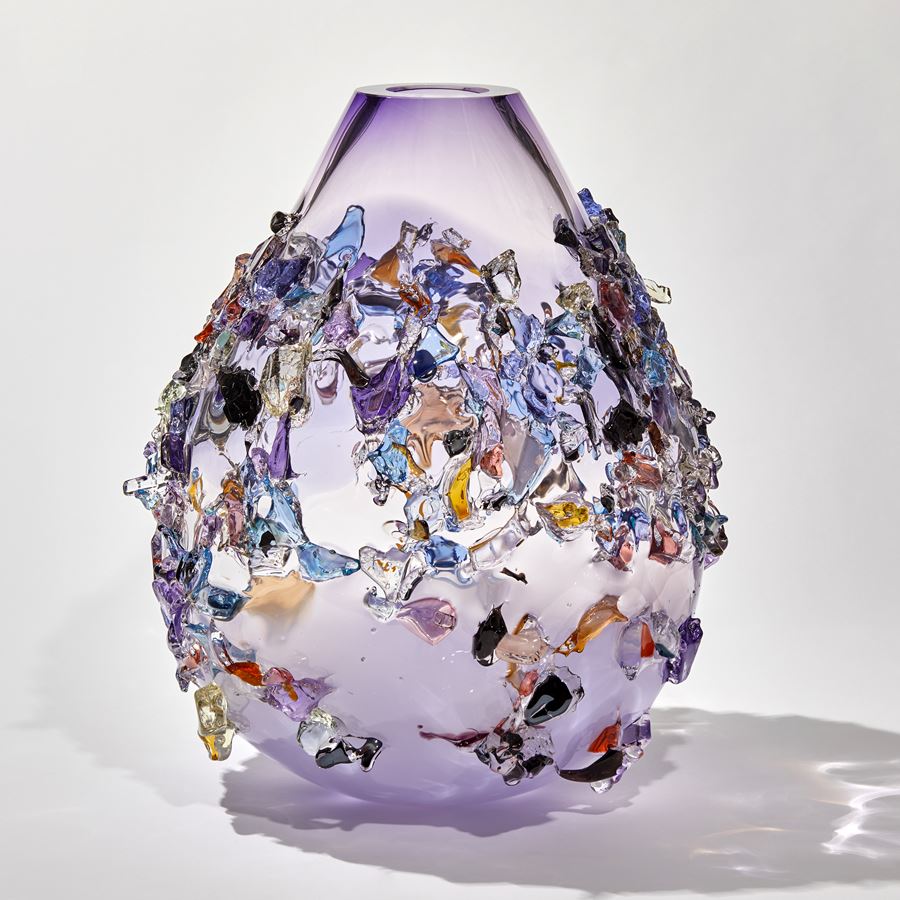 lilac and purple teardrop shaped vase covered in multi-coloured glass shards handmade from glass