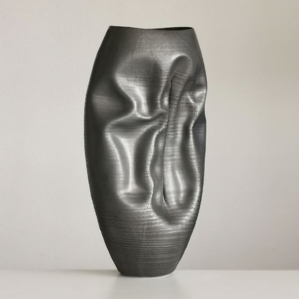 pewter oval tall crinkled vase handmade from glazed ceramic