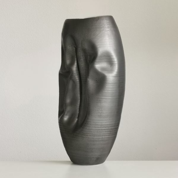pewter oval tall crinkled vase handmade from glazed ceramic