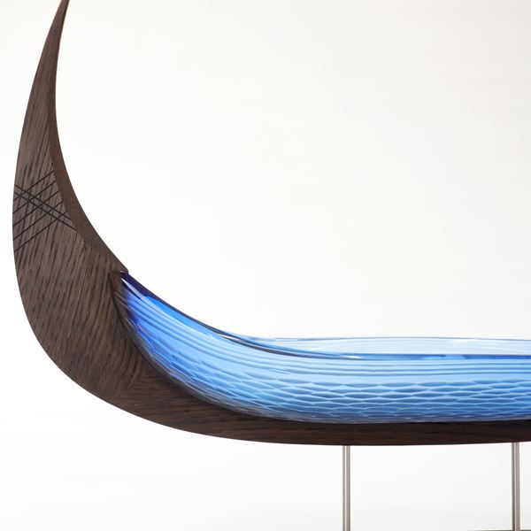 aqua blue viking ship with textured hull handmade from glass and oak
