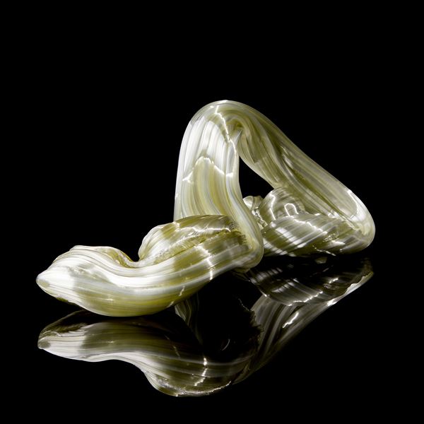 glossy light green organic ridged twisting candy like sculpture handmade from glass