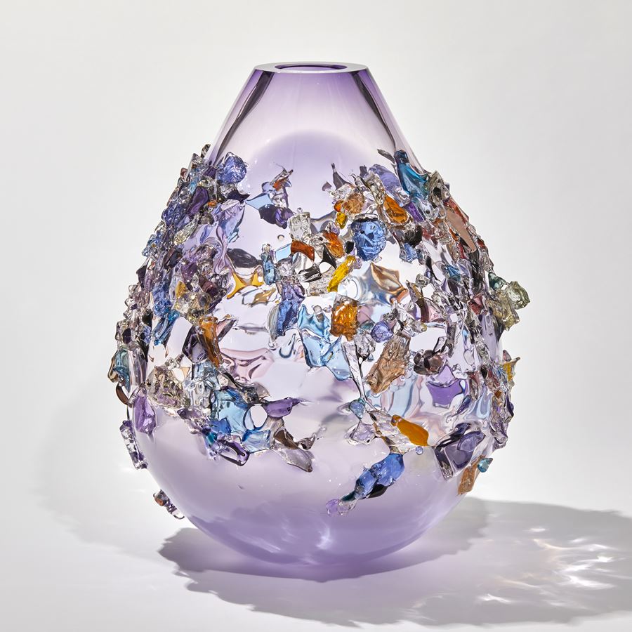 lilac and purple teardrop shaped vase covered in multi-coloured glass shards handmade from glass