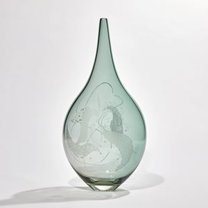 soft jade green see-through teardrop shaped handmade glass bottle with swirling cut surface patterns