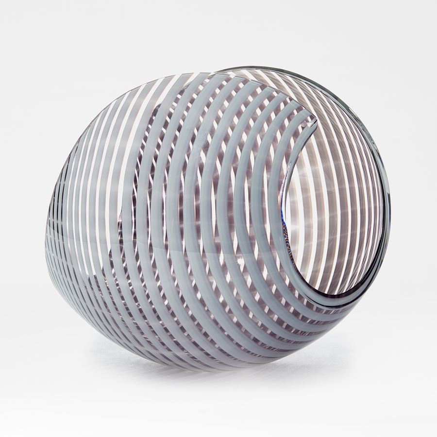white and aubergine striped shiny contemporary rounded art-glass sculpture made from blown and cut glass