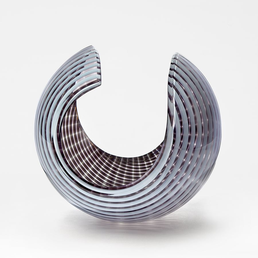 white and aubergine striped shiny contemporary rounded art-glass sculpture made from blown and cut glass