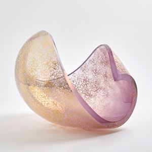 lilac gold and clear sensuously curved shell like handmade glass sculpture 