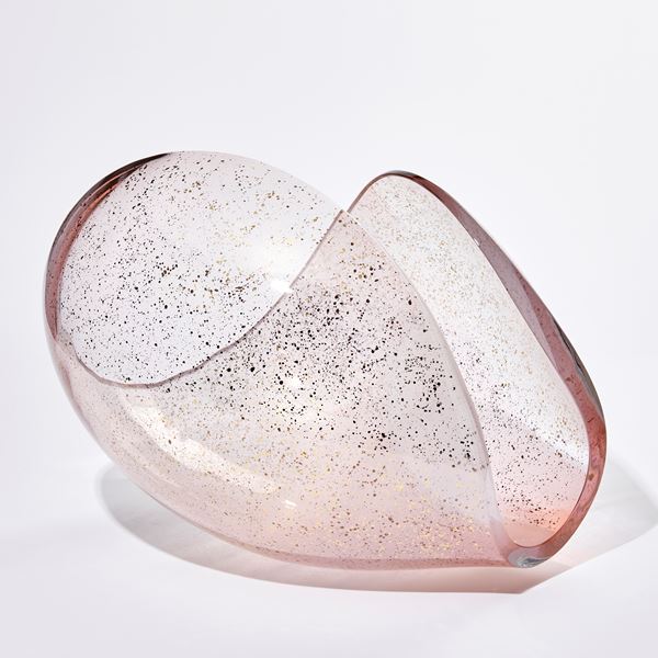 Transparent pink simplified conch shell shaped handcrafted glass sculpture with gold speckles