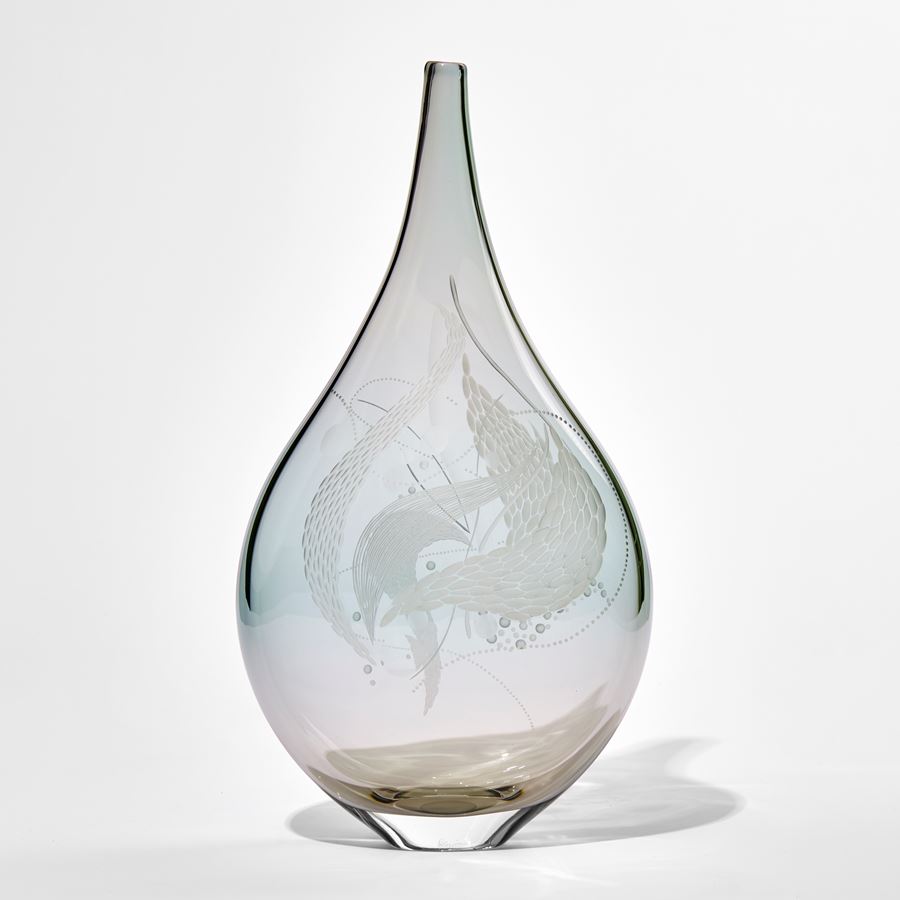 soft grey and duck egg blue transparent teardrop shaped handmade glass vase with organic detailed engraved patterns